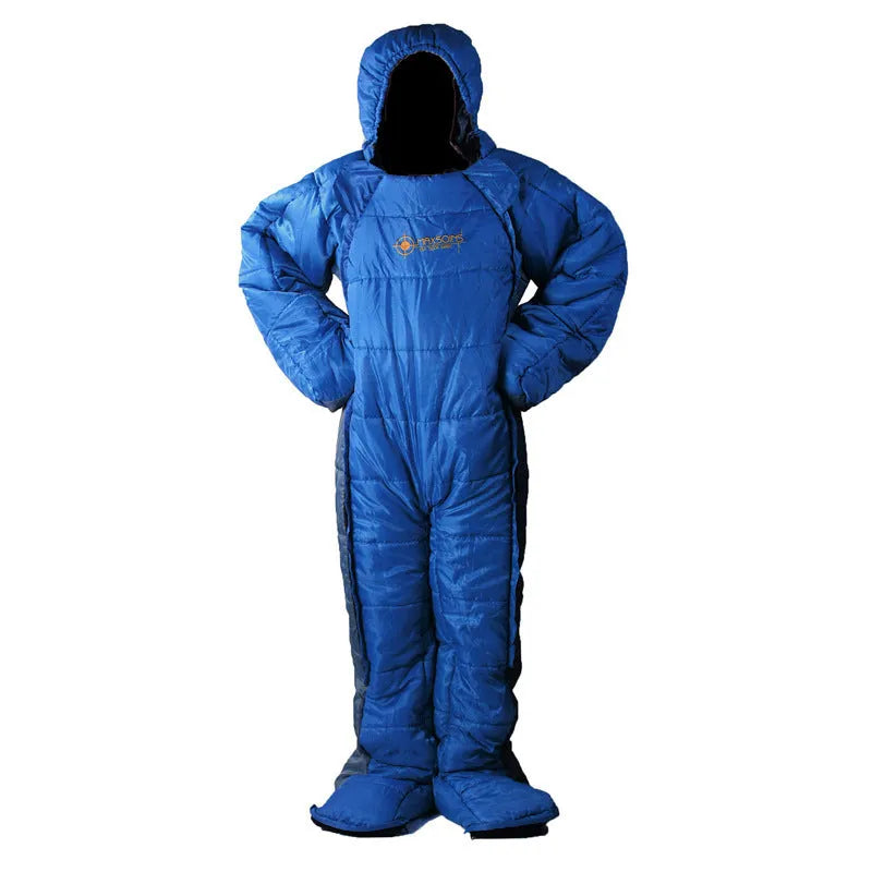 Human walking camping outdoor sleeping bag with hollow cotton fill, polyester lining, blue-grey colour, size for adults