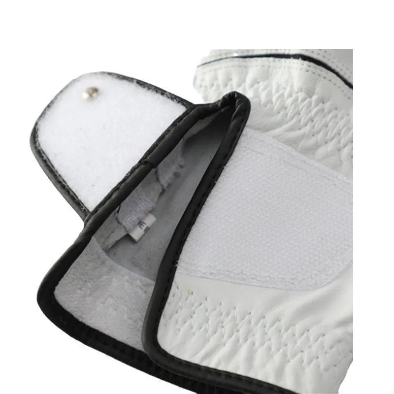 White half sheepskin men's golf glove laid flat, showing its casual style and non-slip palm.