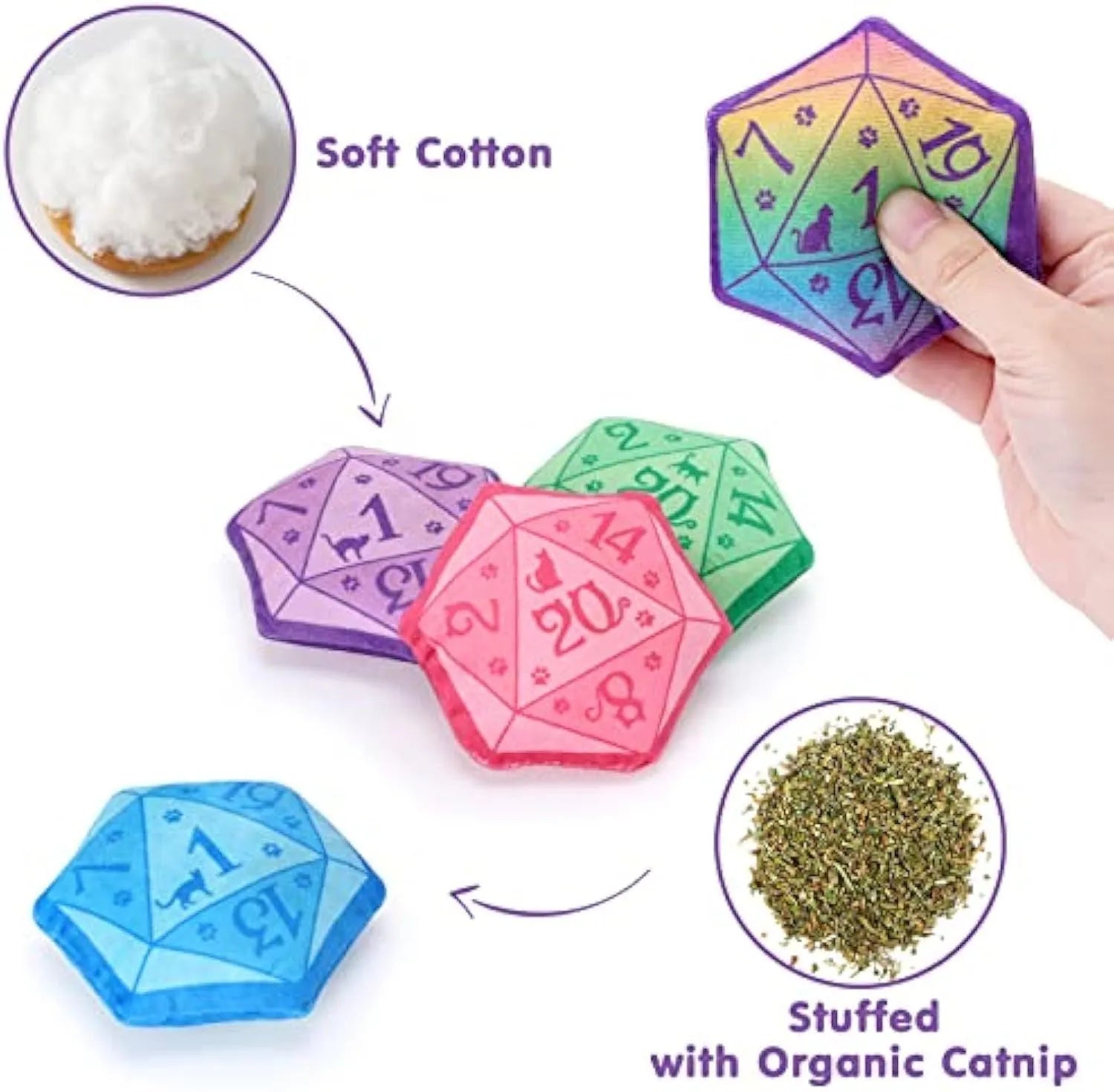 DND-inspired dice-shaped catnip toy in soft plush fabric, available in blue, purple, green and pink colours