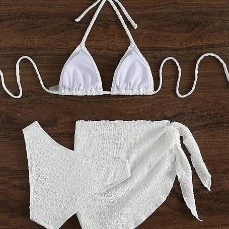 White lace-up split three-piece bikini swimsuit set for women in spandex