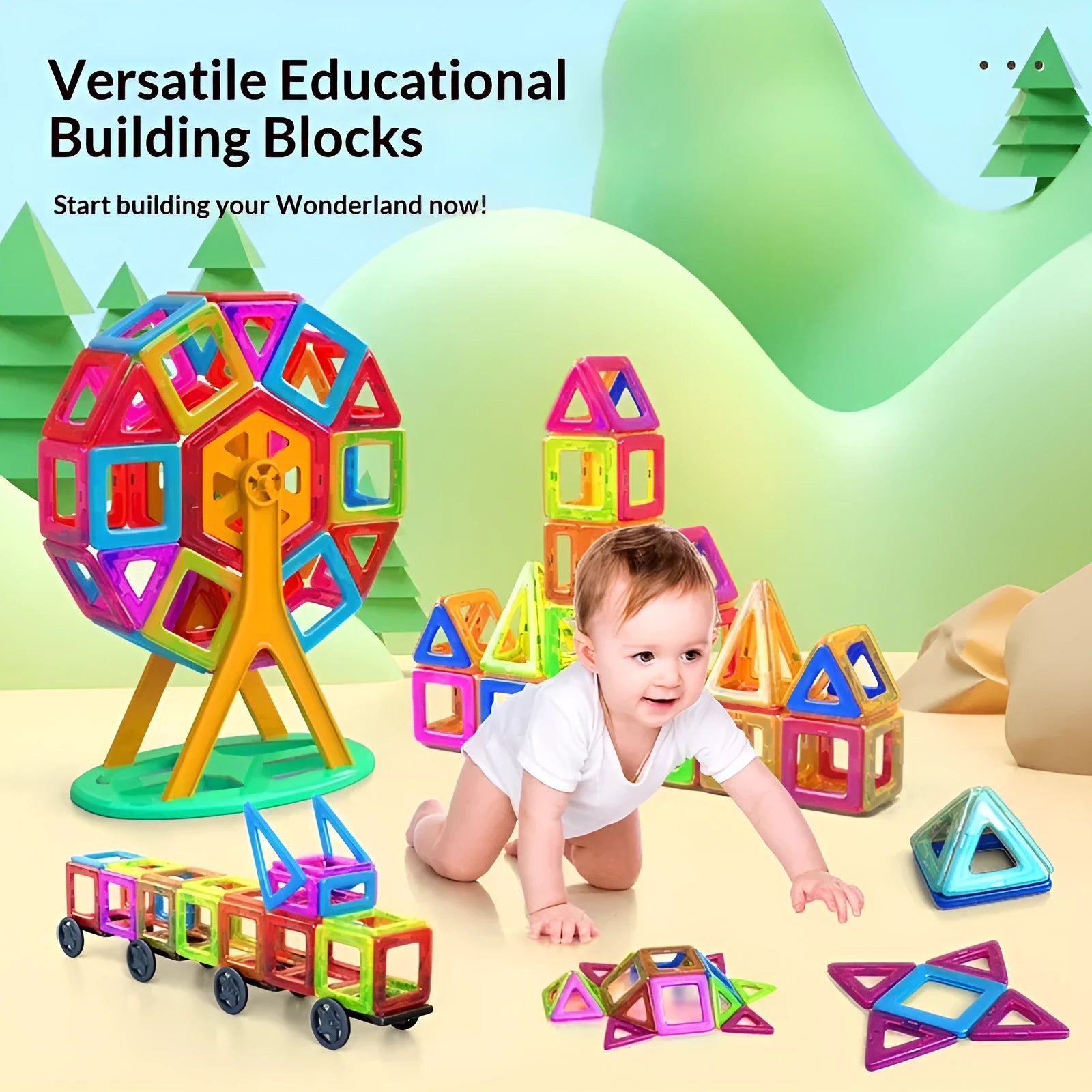 Magnetic building blocks set 118 pieces large plastic tiles for children 3-6 years educational toy
