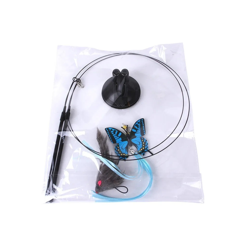 Cat sucker teaser toy with PP wand in blue butterfly gray mouse colour option attached to surface