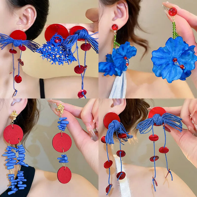 Women's geometric earrings with cloth construction and silver needle blue colour featuring round design elements