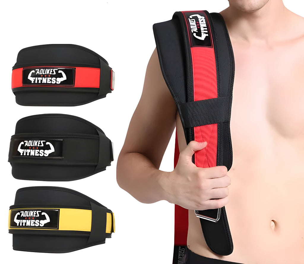Nylon fitness weightlifting waistband in black, red or yellow available in sizes L, M, XL
