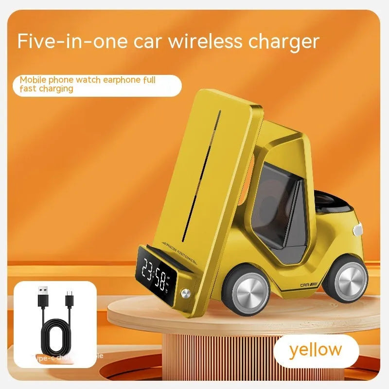15W three-in-one wireless charging bracket in a choice of colours, charging a smartphone, earbuds, and smartwatch.