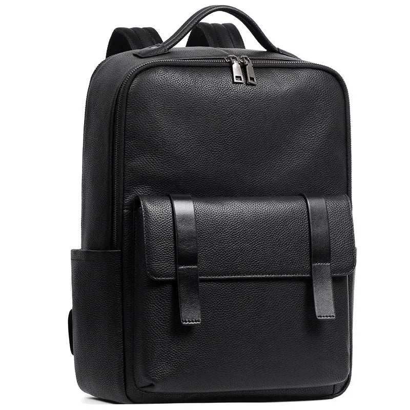 Large black leather men's computer backpack with weaving detail and a physiological curve back.