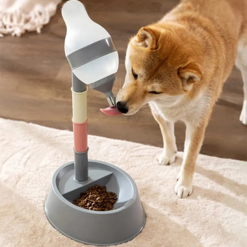 Grey adjustable standing pet water dispenser with detachable pole and ball-tip drinking nozzle