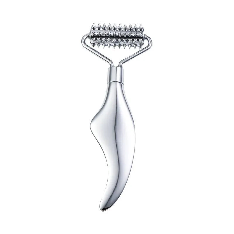 Stainless steel facial massage roller and heart-shaped gua sha plate set on a white background.