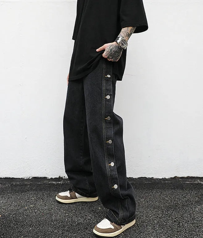 Women's straight loose jeans in black cotton with zip fly, mid-low waist, sizes M L XL