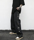 Women's straight loose jeans in black cotton with zip fly, mid-low waist, sizes M L XL