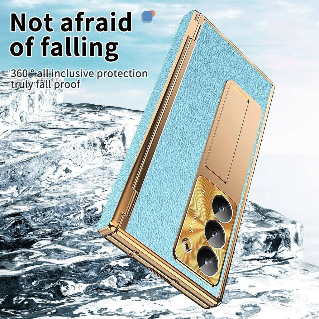 Electroplated imitation leather double hinge phone case for Samsung Z Fold with pen slot and bracket in gold