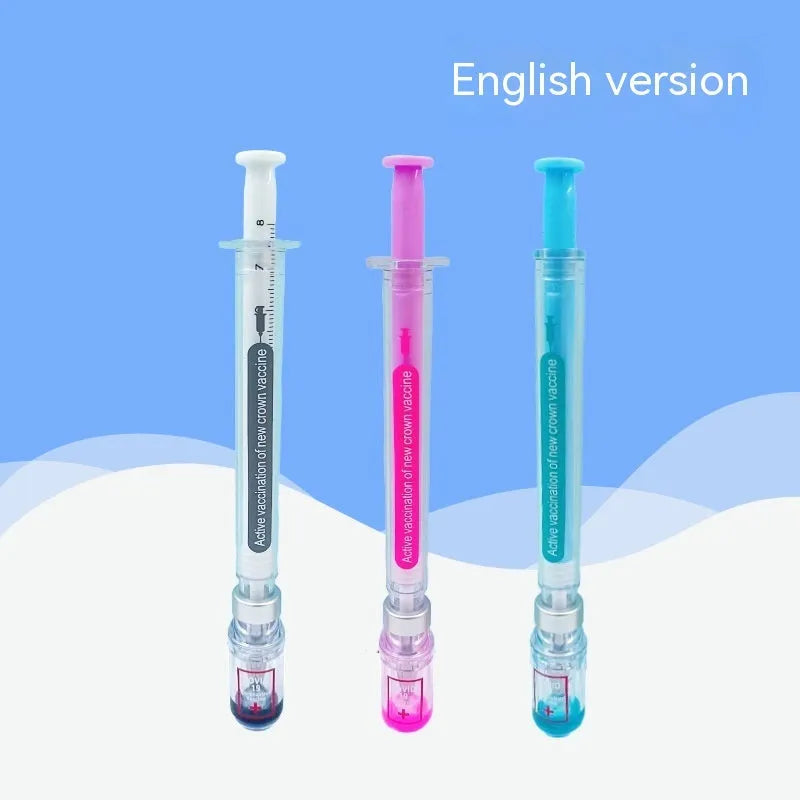 Black and clear plastic vaccine syringe design gel pen with 0.5mm tip on white background.