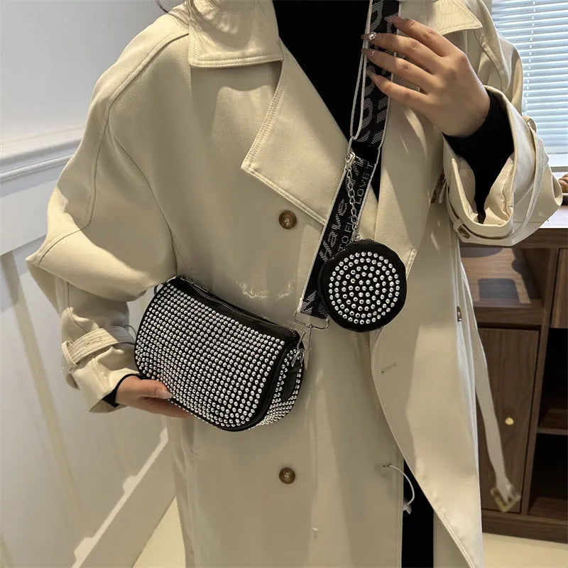 Rhinestone shoulder bag with small purse in black Oxford cloth for women