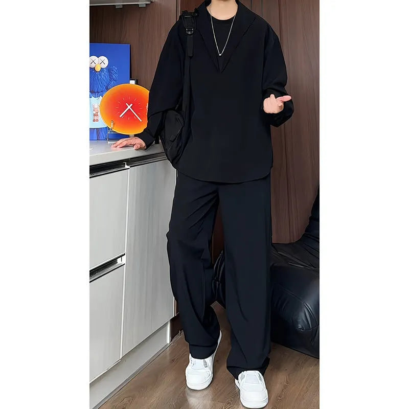 Men's apricot colour long sleeve polo shirt and trousers casual suit set on a hanger