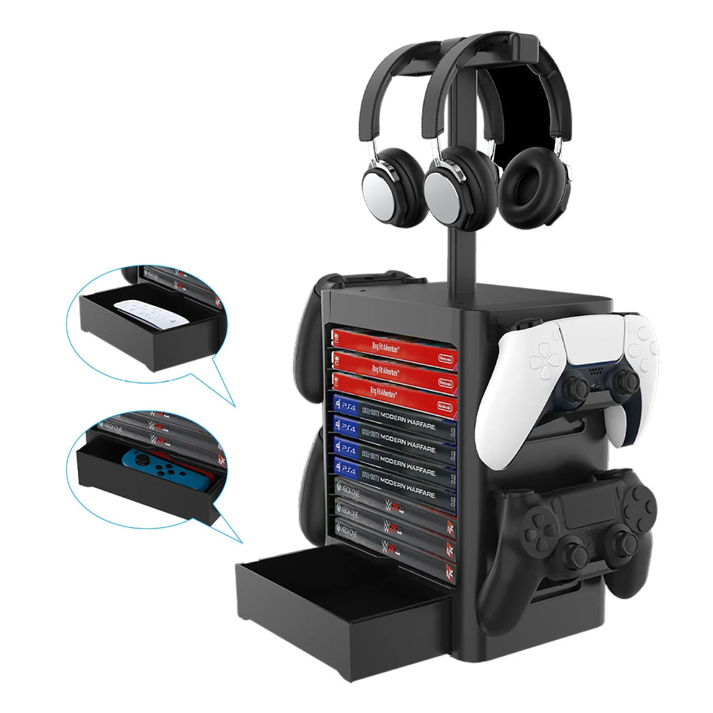 Black ABS plastic gaming console CD storage rack with headphone holder and pull-out drawer