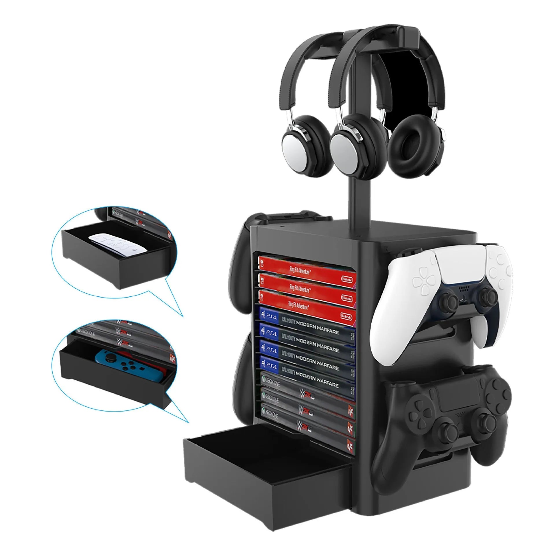 Black ABS plastic gaming console CD storage rack with headphone holder and pull-out drawer
