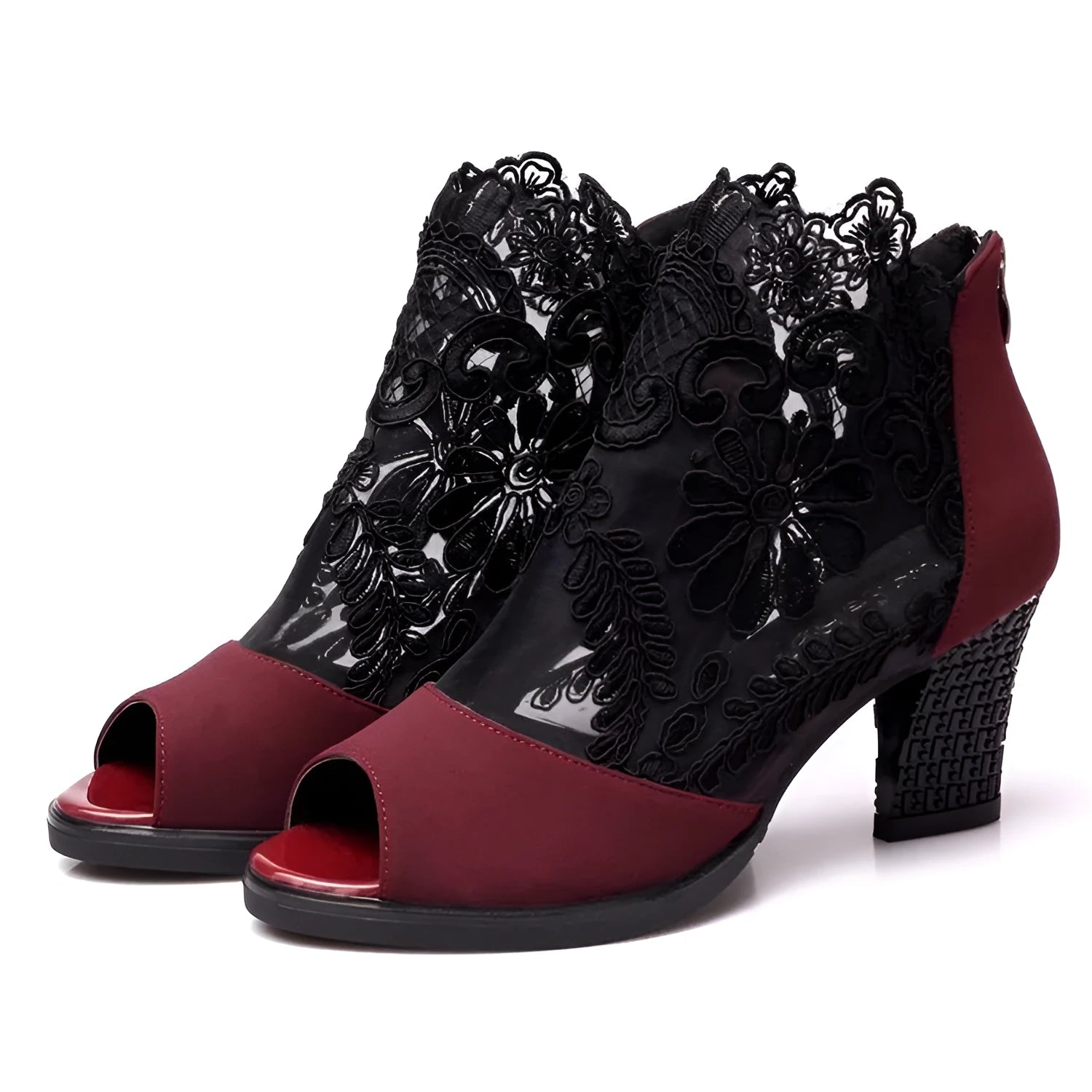 Black women's lace gladiator sandals with a zip closure, floral pattern, and a square high heel on a rubber outsole.