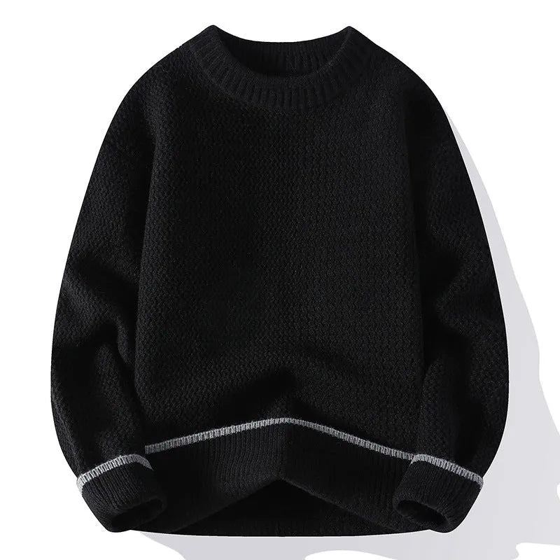 Men's loose fit round neck long sleeve pullover sweater in grey on a hanger