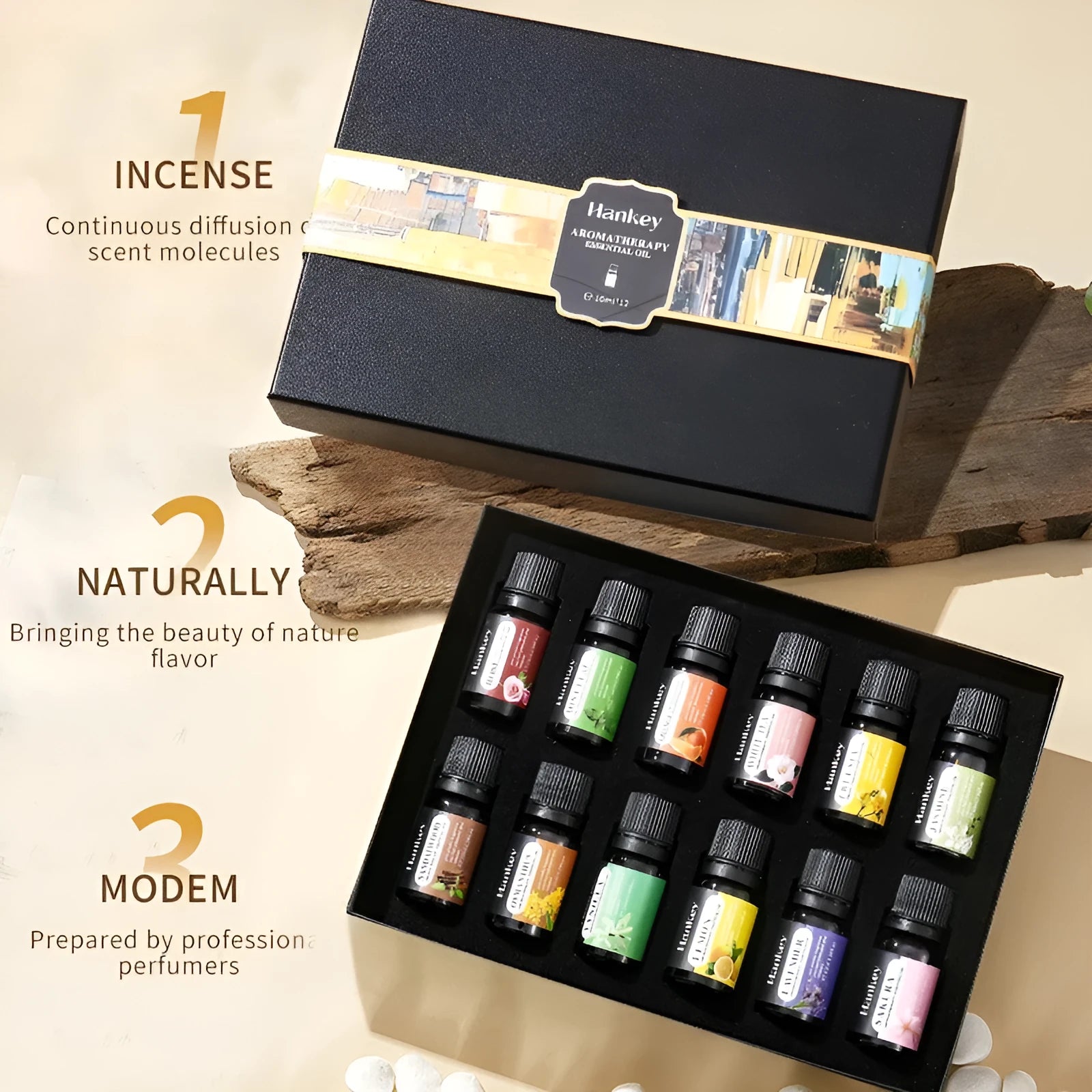Boxed set of water-soluble aromatherapy essential oil bottles for diffuser use
