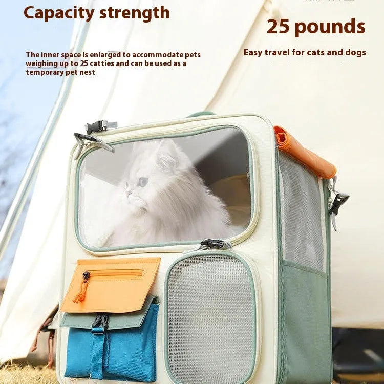 Outdoor portable cat backpack in beige green Oxford fabric with 45L capacity