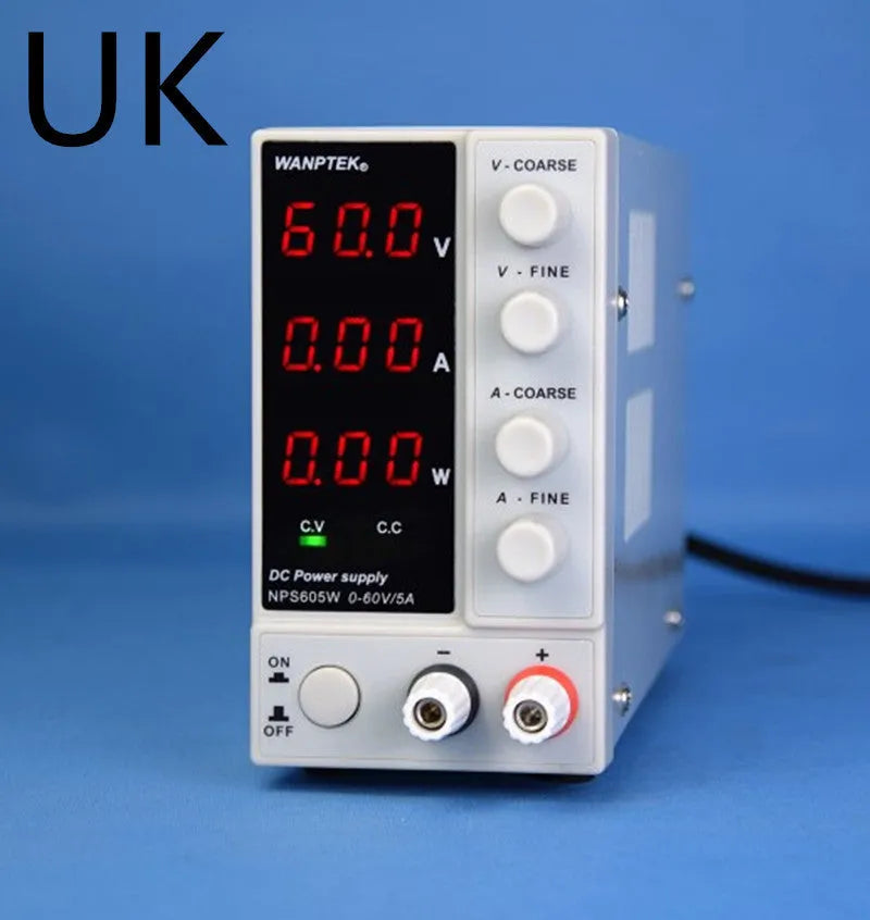 White NPS605W adjustable DC laboratory power supply with voltage and current controls for electronics repair.