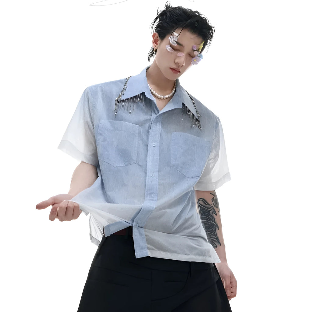 Men's blue and white gradient loose fit short sleeve casual shirt on a hanger.
