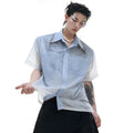 Men's blue and white gradient loose fit short sleeve casual shirt on a hanger.