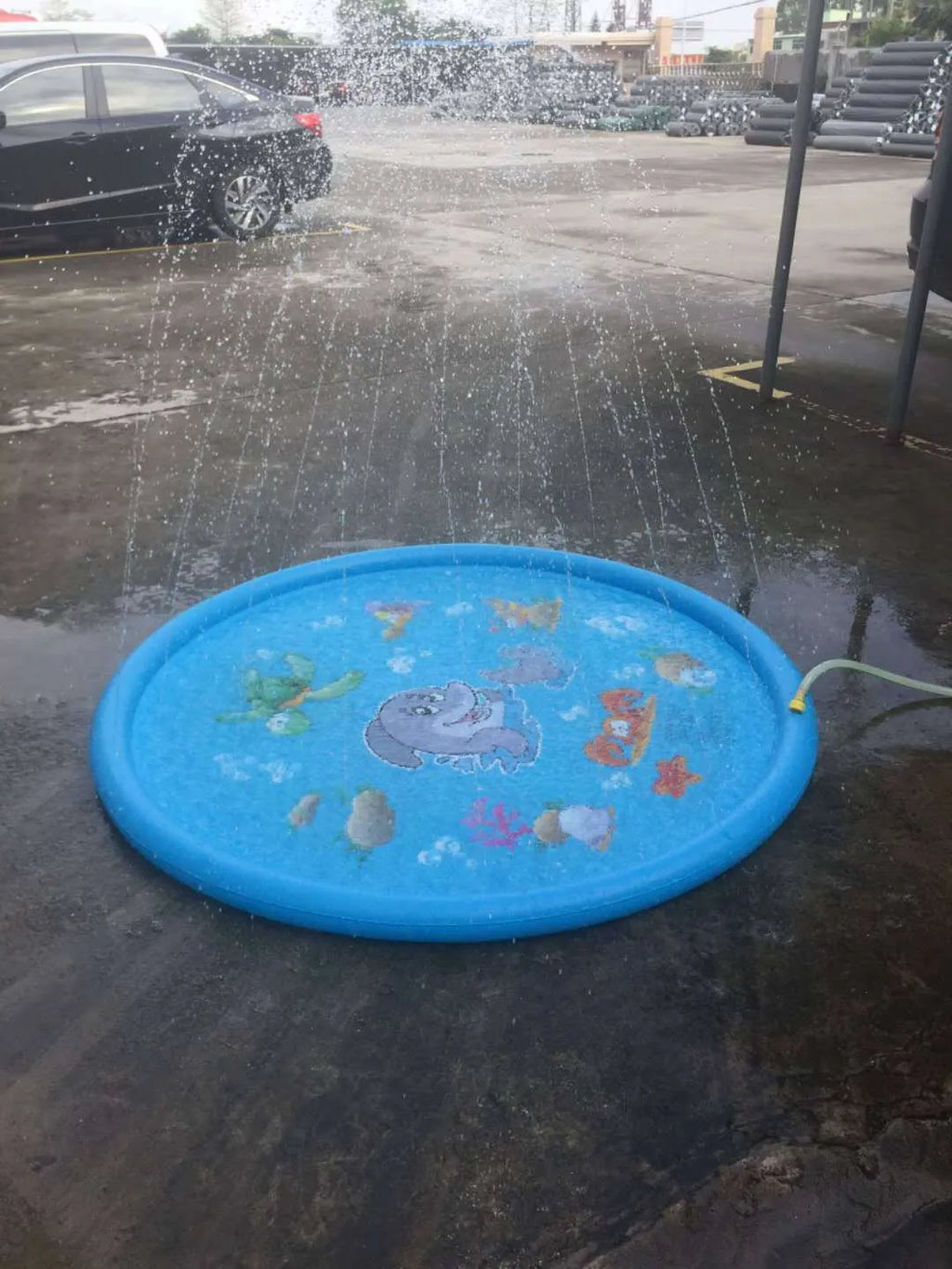 Blue PVC children's water spray pool mat with marine animal designs laid out on grass