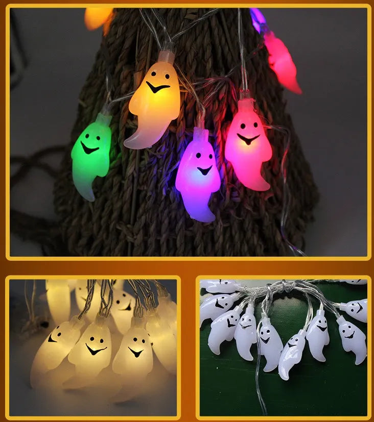 Halloween LED string lights with pumpkin, ghost and bat pendants on white cord