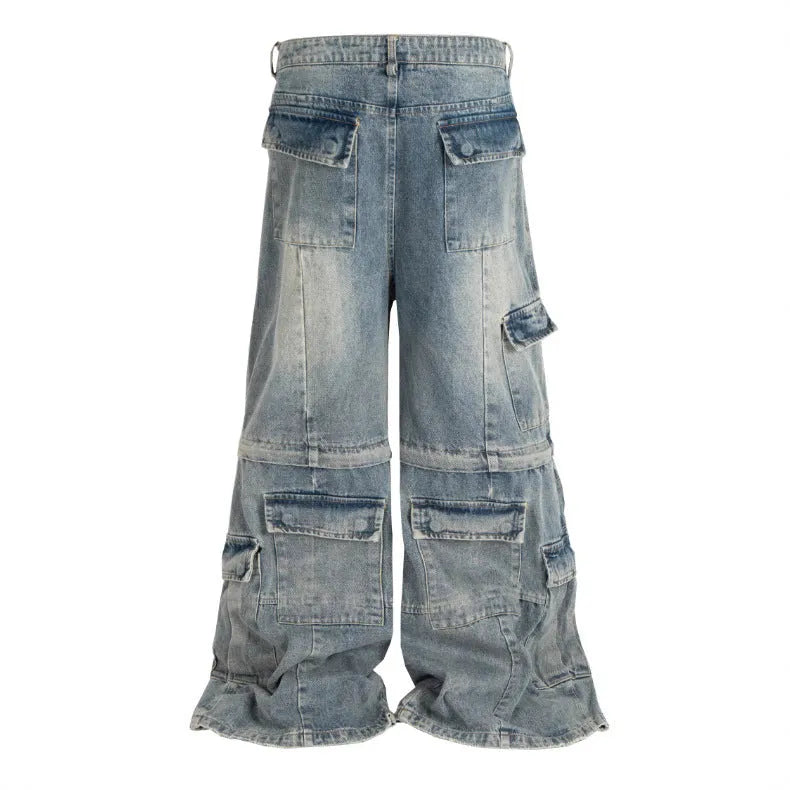 Detachable washed-out cotton overalls with multiple pockets and zip fly in black or blue colours