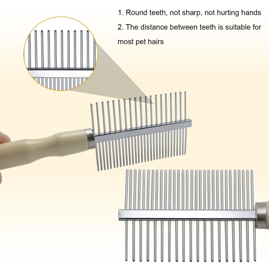 Wooden handle pet grooming comb for dogs and cats with rounded safety needles