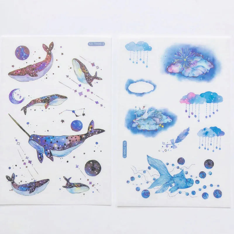 Hand account sticker set with fantasy stars design on Japanese paper, measuring 10.5 by 14.1 cm