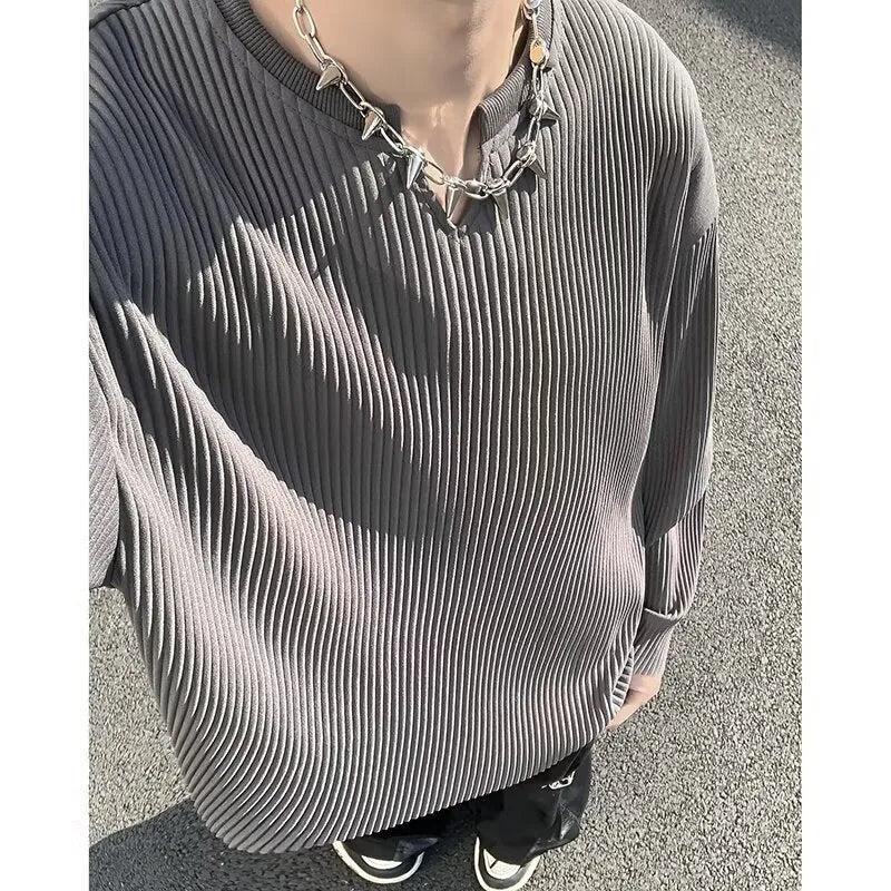 Plus size striped texture pullover in polyester, shown in black, grey, and white colour options