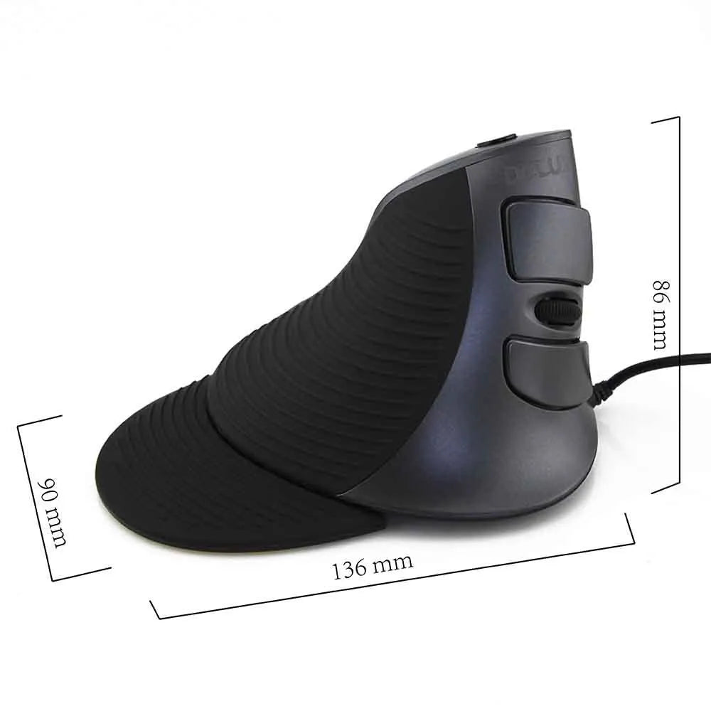 Black and white ergonomic vertical wired mouse for right-handed desktop computer use.