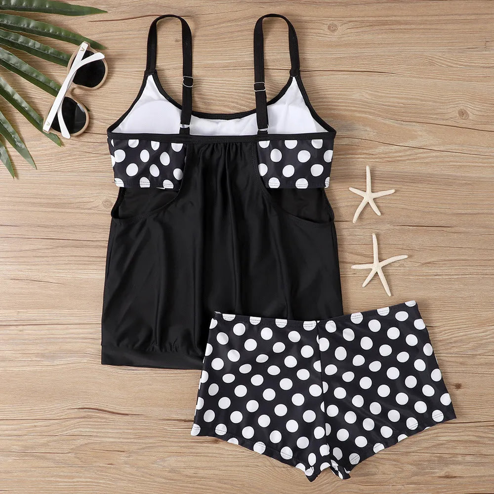 Women's high-waisted boxer brief swimsuit with polka dot print in polyester fabric