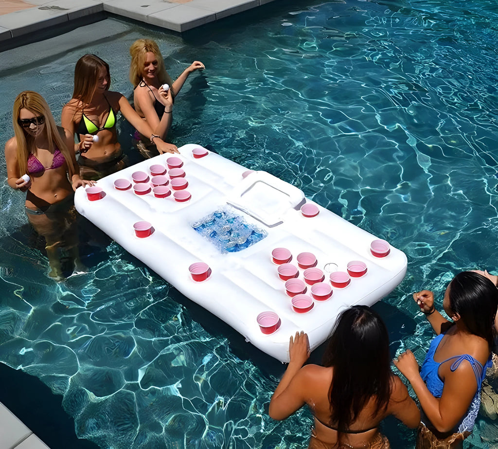 White inflatable beer pong table pool float with cup holders and built-in cooler on water surface