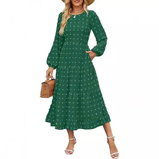 Beige women's high waist long sleeve dress with ruffle sleeves on a mannequin.