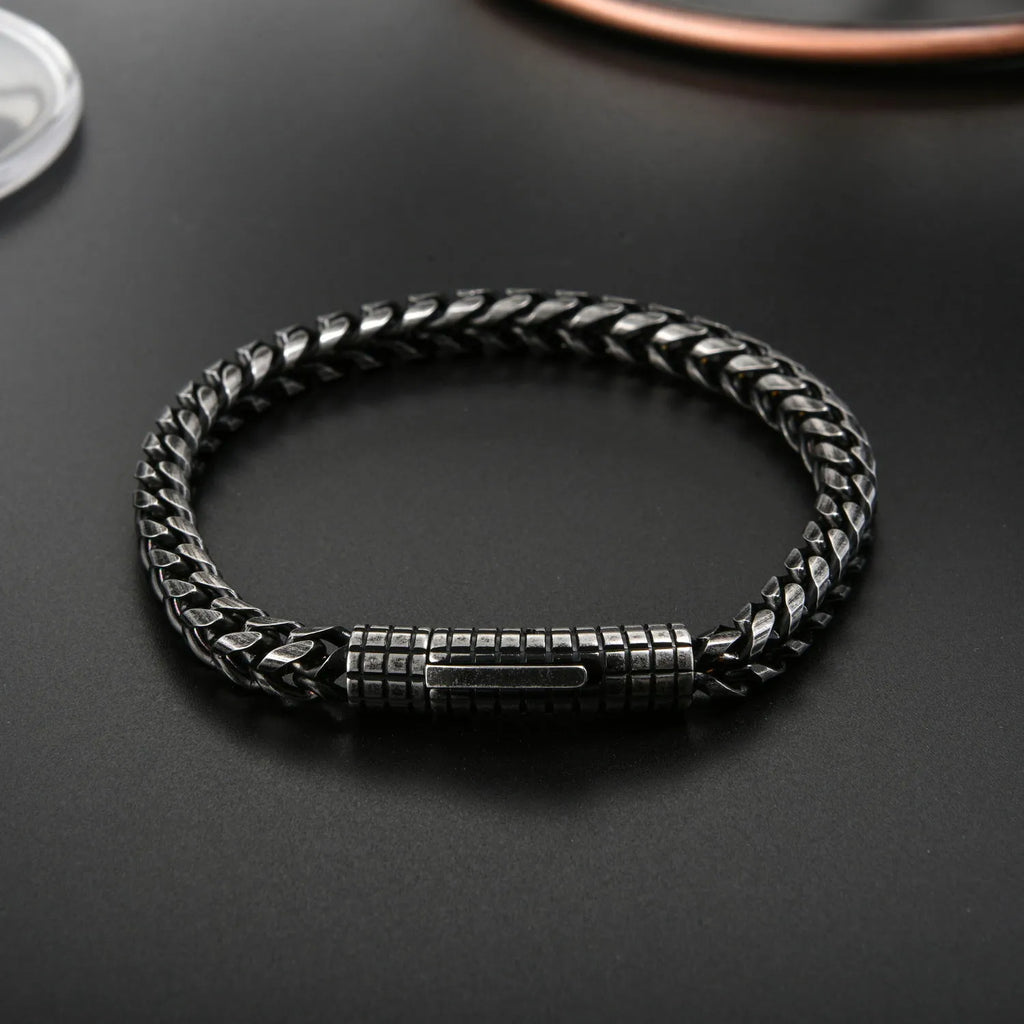 Custom stainless steel vintage mens bracelet with retro colour finish, 22.3 cm length, 30 g weight, on neutral background
