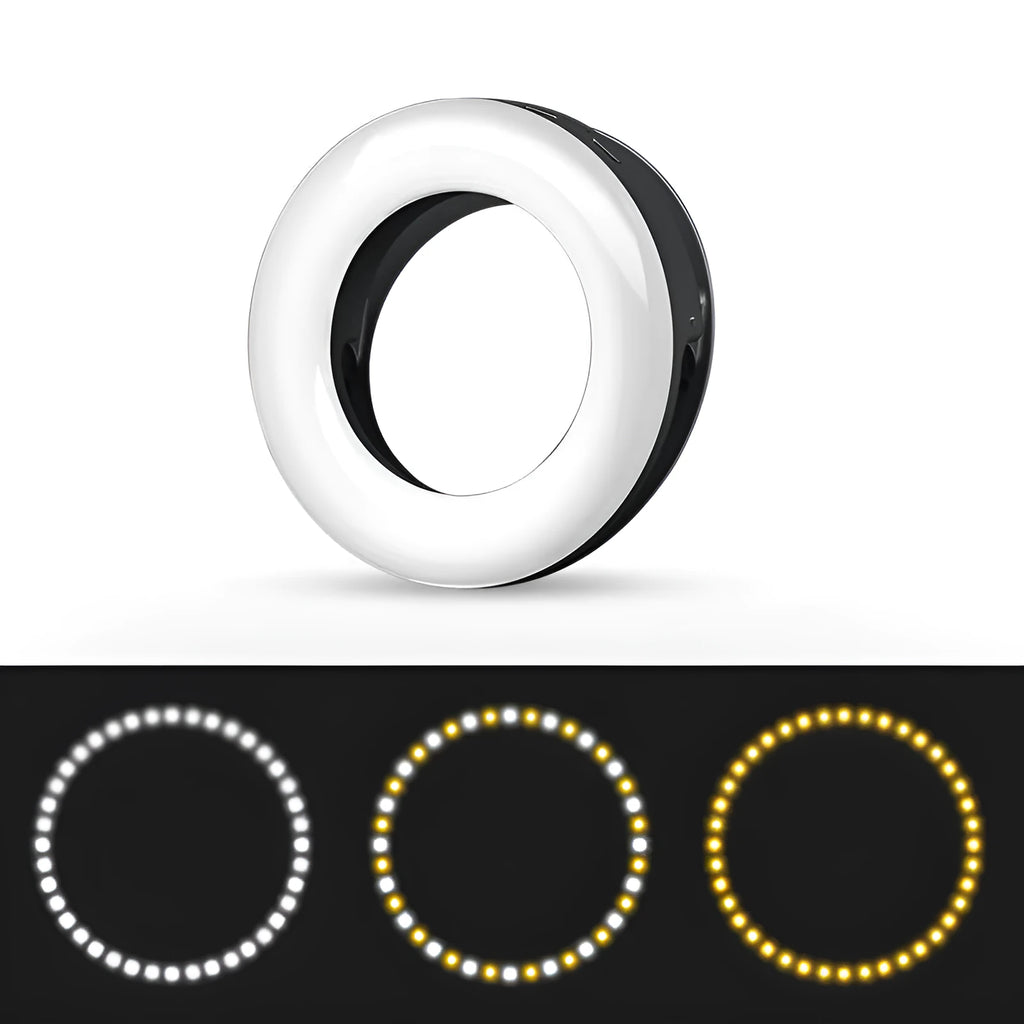 Black circular LED selfie ring light with USB cable for mobile phone photography
