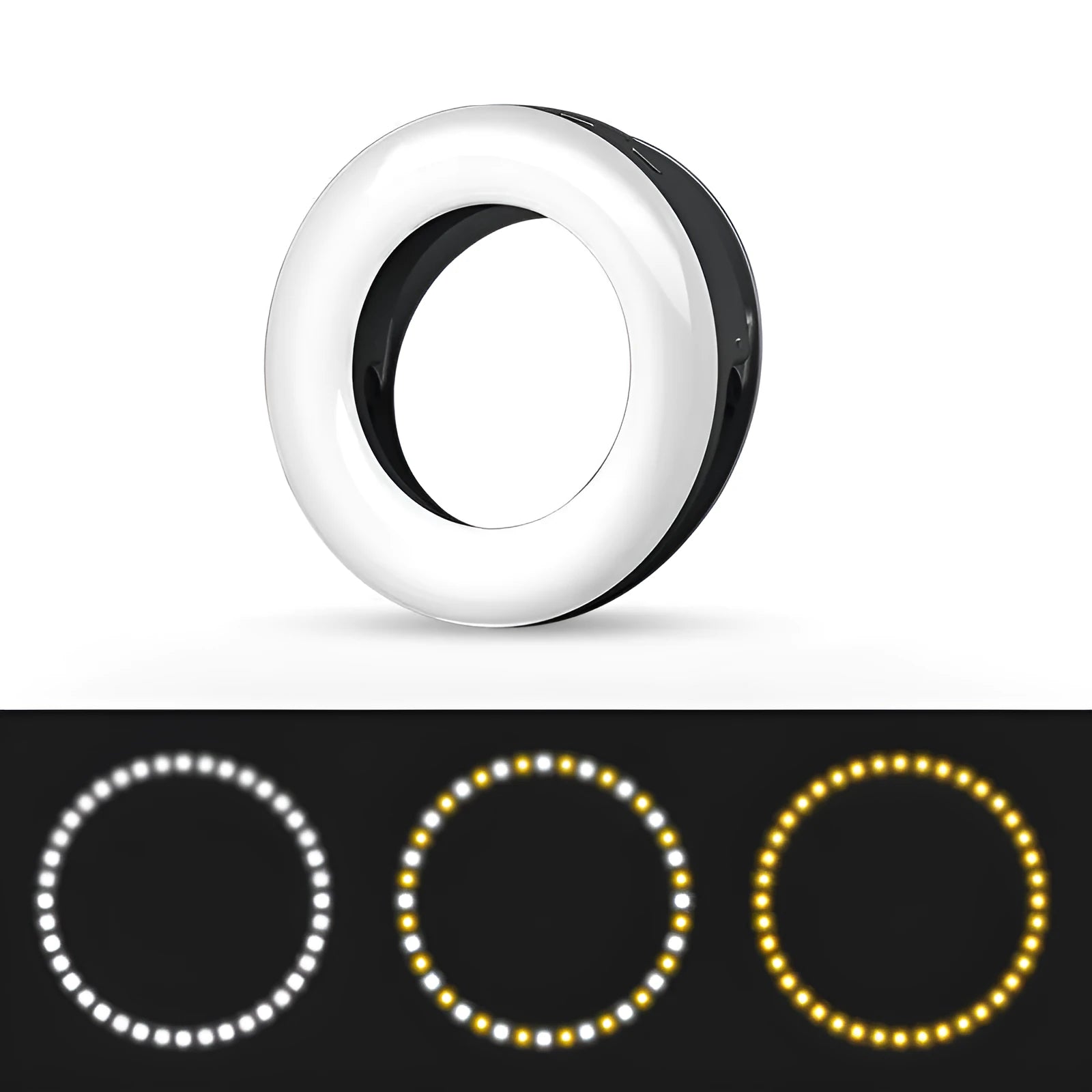 Black circular LED selfie ring light with USB cable for mobile phone photography