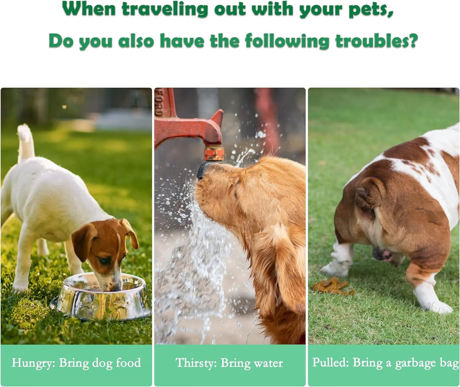 Green 3-in-1 portable pet water bottle with integrated food container and waste bag dispenser on a strap.