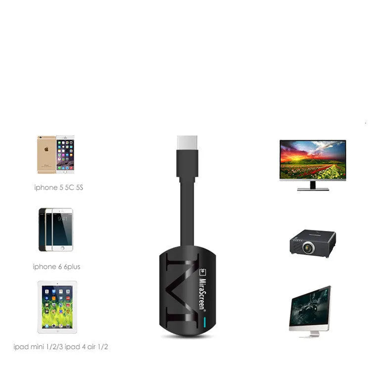 Black USB HDMI dongle for screen mirroring smartphones to TV, measuring 52mm by 26mm.