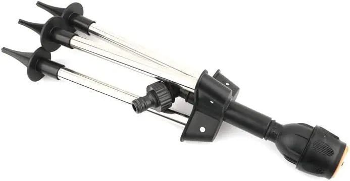 Retractable automatic rotating sprinkler tripod with stainless steel nozzle, 1/2 inch thread, 15°-360° adjustable angle.
