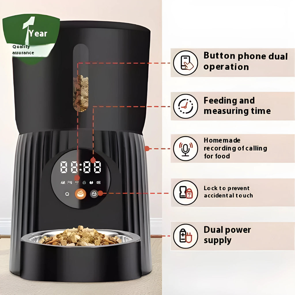 Black and white smart automatic pet feeder with USB cable and mobile app display showing feeding schedule.