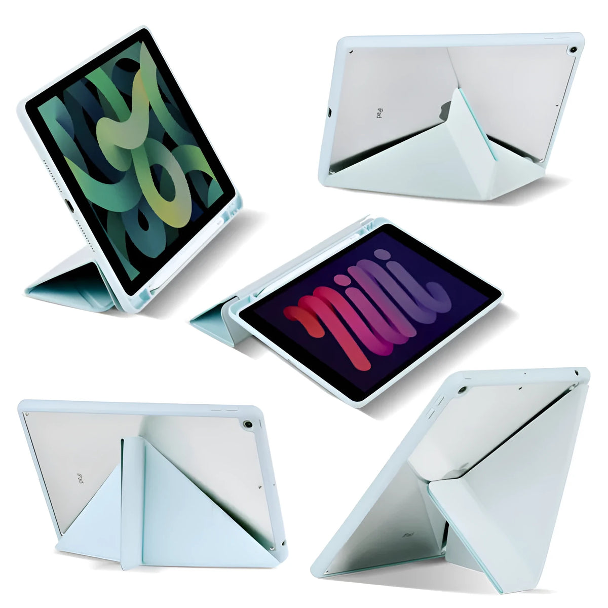Dark gray Y folding imitation leather iPad case showing stand mode and built-in Apple Pencil slot.