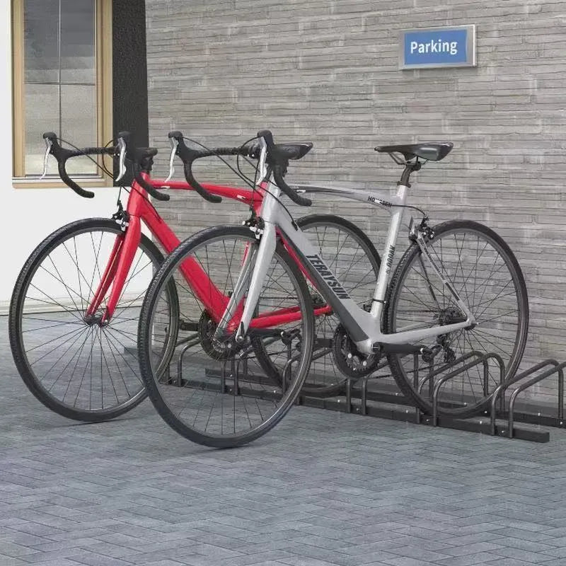 Black metal split card bicycle parking rack with four positions for bike storage