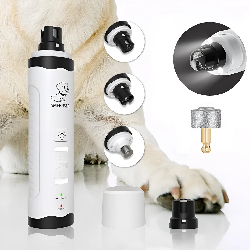 White handheld electric dog nail grinder with LCD display showing speed settings and dust collection compartment