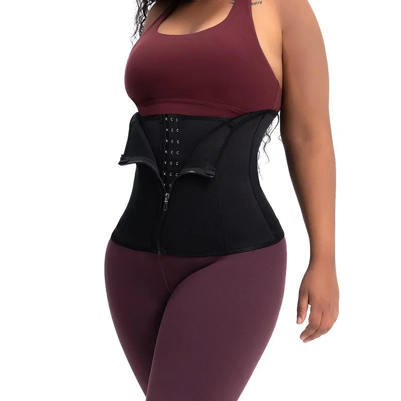 Neoprene body shaping belly band in black for waist training and yoga, with adjustable fit