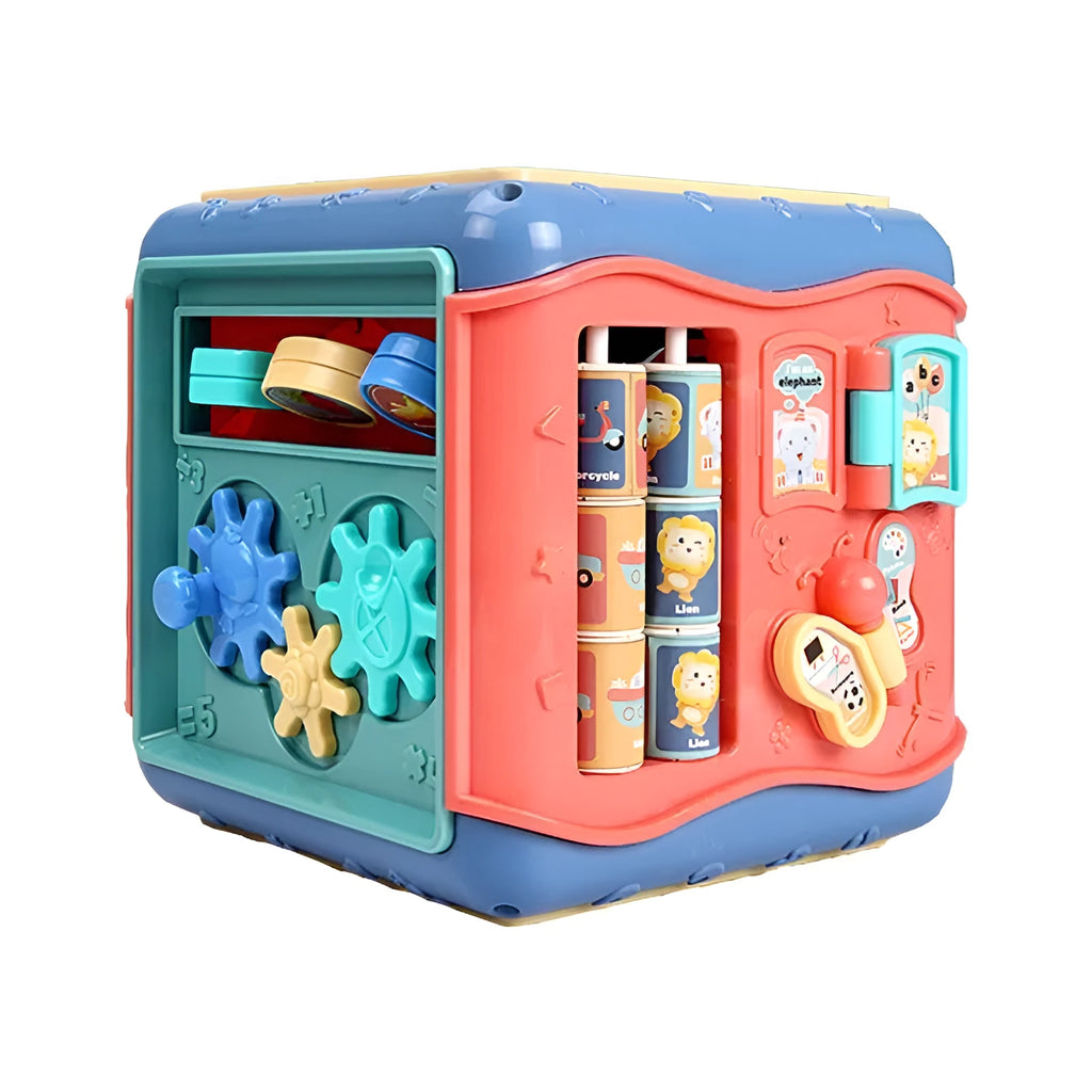 Colourful six-sided Montessori educational toy cube showing bead maze, gears, car track, clock, butterfly, and number activities