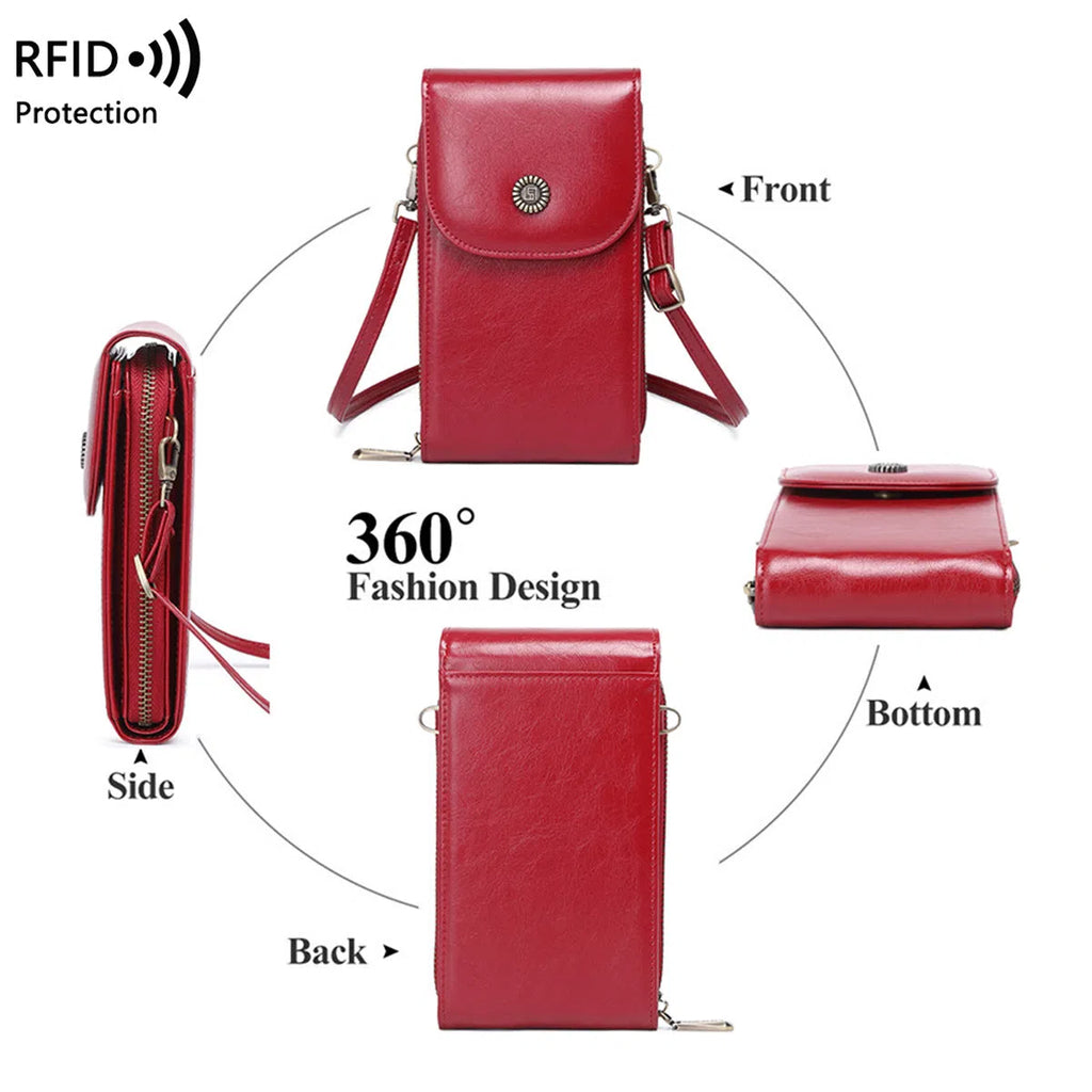 Anti-magnetic phone bag retro wax leather PU crossbody with card slot in black for daily wear